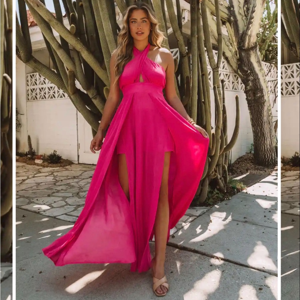 Vici daffy fuchsia pink backless halter maxi dress